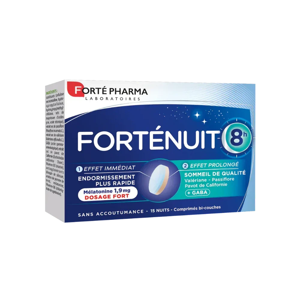 FORTÉ PHARMA – Forténuit 8h (dosage Fort Effet Prolongé) Mélatonine Endormissement Plus Rapide 1.9mg – 15 Comprimés