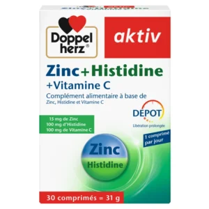 DOPPEL HERZ – Aktiv Zinc, Histidine, Vitamine C Depot Peau Saine et Systeme Immunitaire – 30 Comprimes